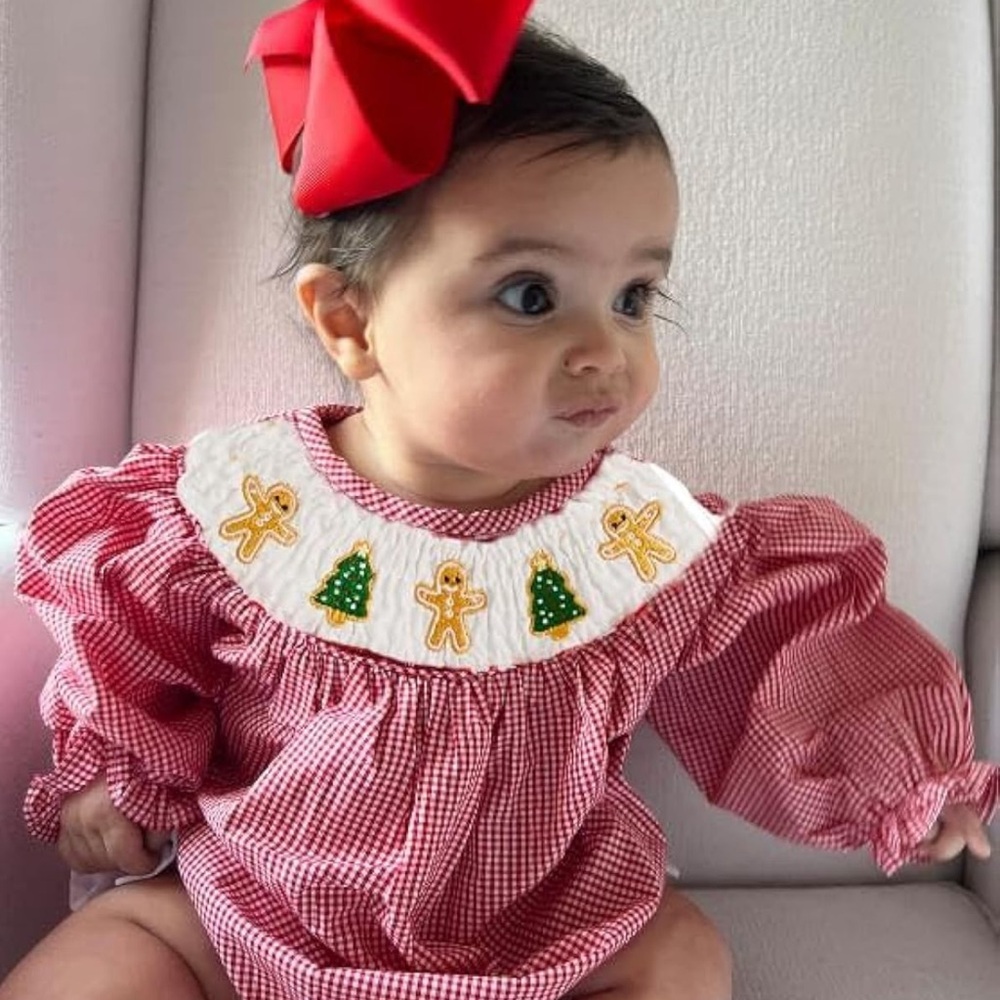 Red Gingham Baby Smocked Christmas bubble  with Embroidered Collar